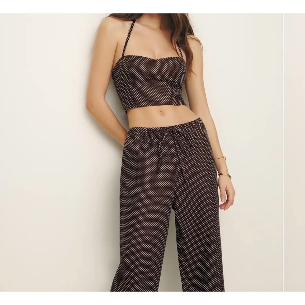 Reformation Brown Polka Dot 2 Piece Set Halter Crop Top Wide Leg Pants Small